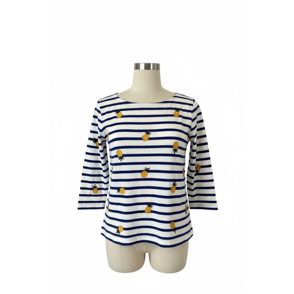 J Crew Embroidered Pineapple 3/4 Sleeve White Blue‎ Stripped Shirt Women Large
